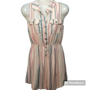 Bebop sleeveless linen stripe dress with elastic drawstring waist
